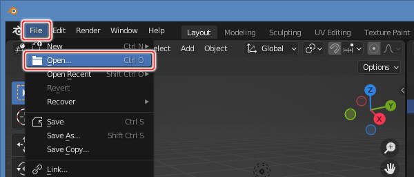 2. File -> Open...を実行 2. File -> Open...を実行