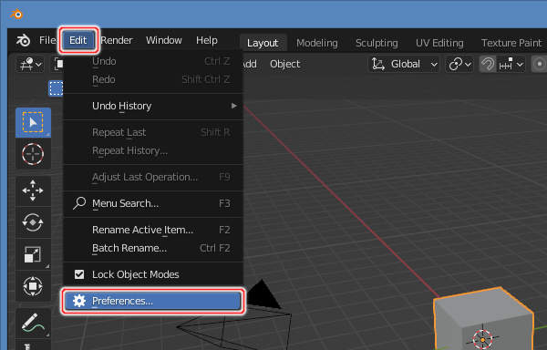 1. Edit -> Preferences...を実行 1. Edit -> Preferences...を実行