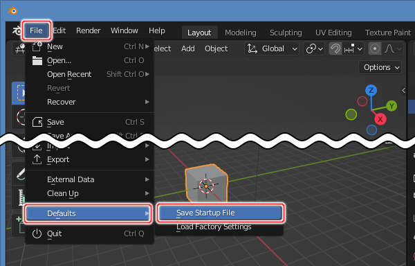 3. File -> Defaults -> Save Startup Fileを実行 3. File -> Defaults -> Save Startup Fileを実行