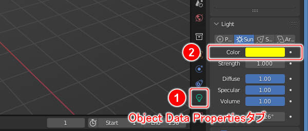 6. Object Data PropertiesタブにあるLightパネルのColorを黄色に 6. Object Data PropertiesタブにあるLightパネルのColorを黄色に