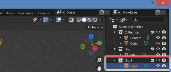 14. ポイントライトがコレクション "Night" に格納される 14. ポイントライトがコレクション "Night" に格納される