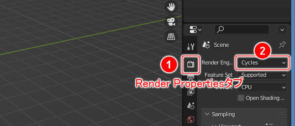 24. Render PropertiesタブにあるRender EngineをCyclesに変更する