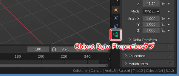 2. Object Data Propertiesタブをクリック 2. Object Data Propertiesタブをクリック