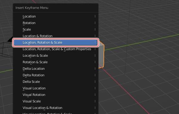 3. 1フレーム目の立方体のメッシュの位置・回転量・拡大縮小率のキーフレームを登録 3. 1フレーム目の立方体のメッシュの位置・回転量・拡大縮小率のキーフレームを登録