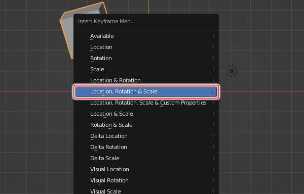 8. 50フレーム目の立方体のメッシュの位置・回転量・拡大縮小率のキーフレームを登録 8. 50フレーム目の立方体のメッシュの位置・回転量・拡大縮小率のキーフレームを登録