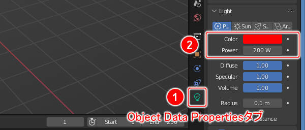 2. Object Data PropertiesタブにあるLightパネルのColorを赤色に / Powerを 200 に