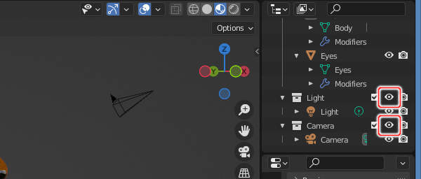 1. コレクション "Light" と "Camera" の目のアイコンをクリック 1. コレクション "Light" と "Camera" の目のアイコンをクリック