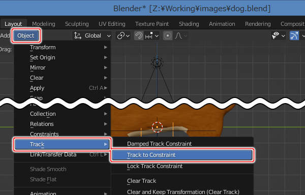 16. Object -> Track -> Track To Constraintを実行 16. Object -> Track -> Track To Constraintを実行